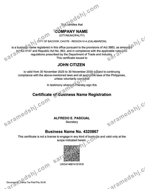 Philippines certificate of business name registration Word and PDF template